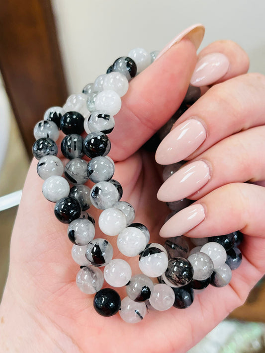 Black Tourmaline in Clear Quartz Bracelet