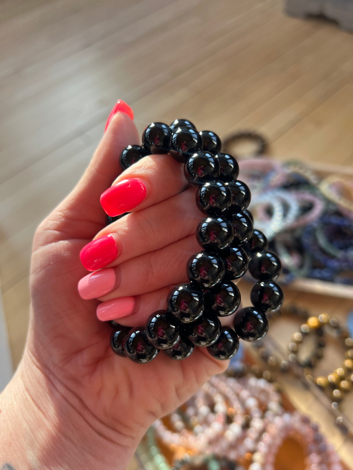 Black Onyx Large Bead Crystal Bracelets